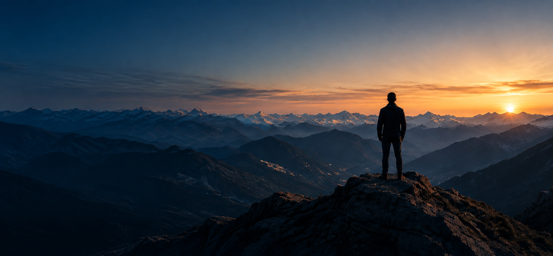 A leader standing on a mountain summit at sunrise, looking across a distant range